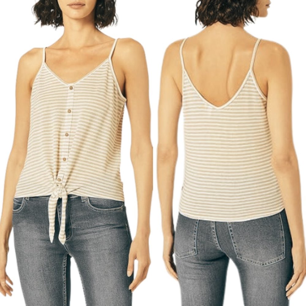 Sadie & Sage Canary & Cream Waffle Tie Tank Cami Gold Stripe SZ LARGE NEW! - Picture 1 of 13
